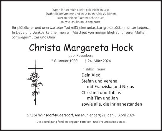 Traueranzeige von Christa  Hock von Siegener Zeitung