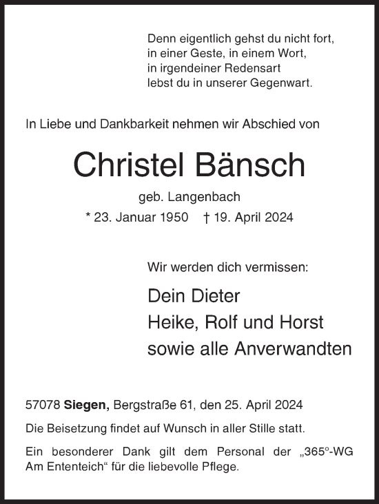 Traueranzeige von Christel Bänsch von Siegener Zeitung