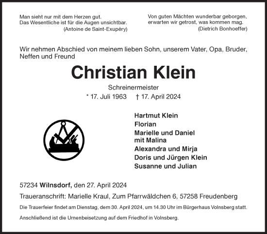 Traueranzeige von Christian Klein von Siegener Zeitung