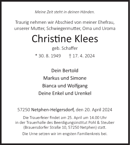 Traueranzeige von Christine Klees von Siegener Zeitung