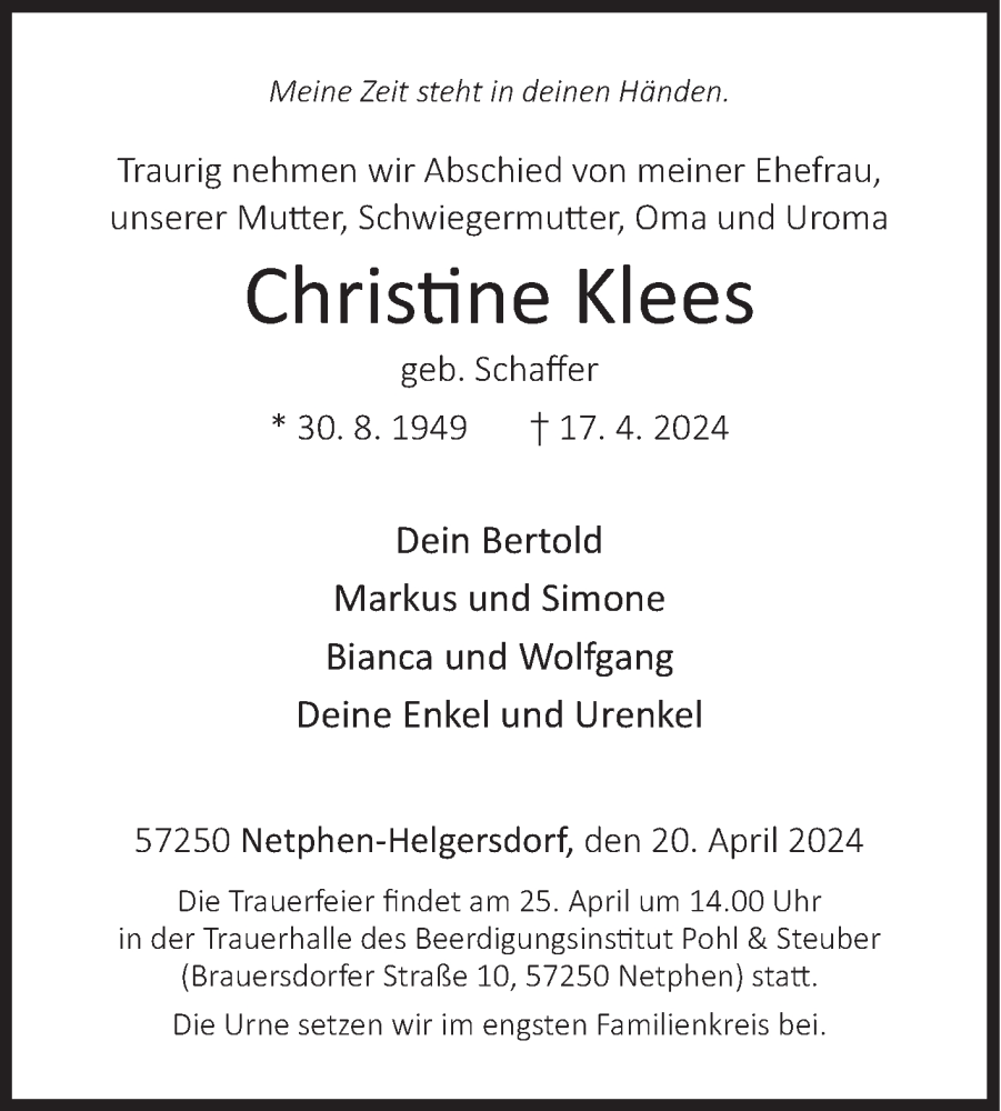  Traueranzeige für Christine Klees vom 20.04.2024 aus Siegener Zeitung
