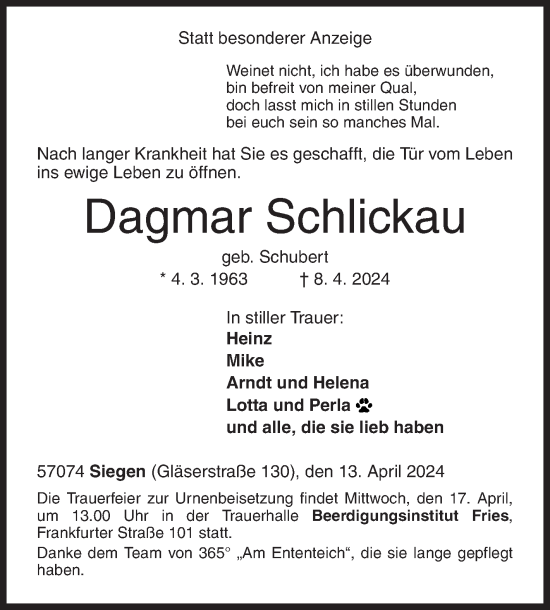 Traueranzeige von Dagmar Schlickau von Siegener Zeitung