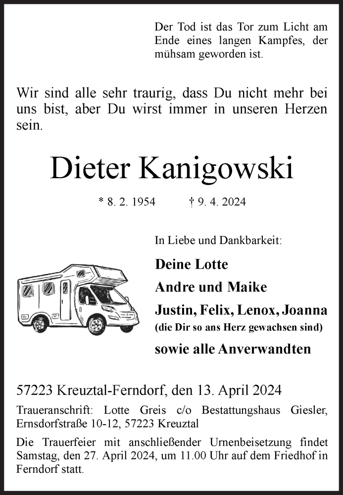  Traueranzeige für Dieter Kanigowski vom 13.04.2024 aus Siegener Zeitung