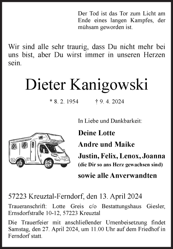 Traueranzeige von Dieter Kanigowski von Siegener Zeitung