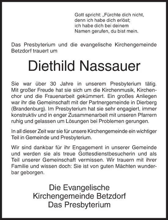 Traueranzeige von Diethild Nassauer von Siegener Zeitung