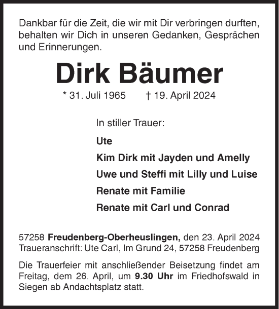 Traueranzeige von Dirk Bäumer von Siegener Zeitung