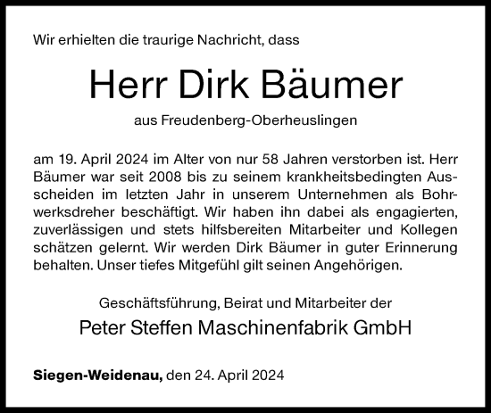 Traueranzeige von Dirk Bäumer von Siegener Zeitung