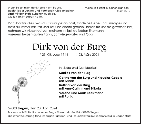 Traueranzeige von Dirk von der Burg von Siegener Zeitung