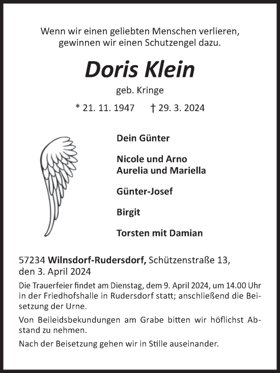 Traueranzeige von Doris Klein von Siegener Zeitung