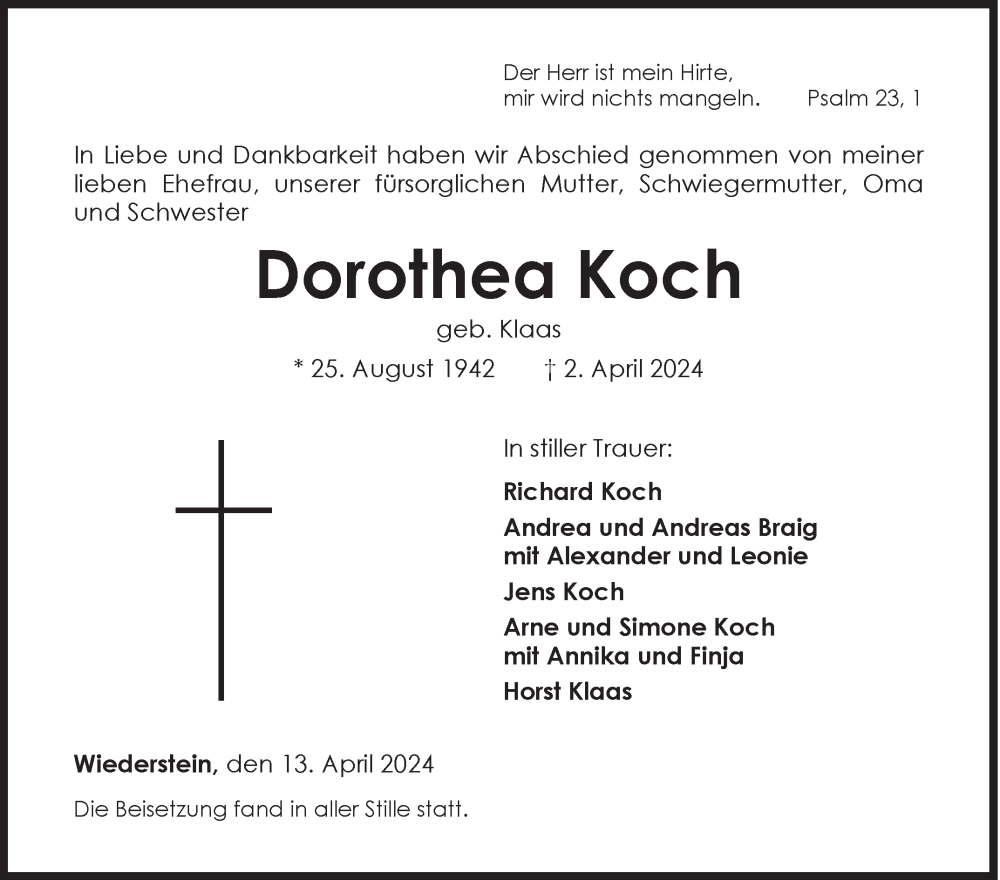  Traueranzeige für Dorothea Koch vom 13.04.2024 aus Siegener Zeitung