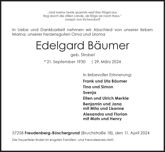 Traueranzeige von Edelgard Bäumer von Siegener Zeitung