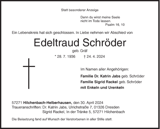 Traueranzeige von Edeltraud Schröder von Siegener Zeitung