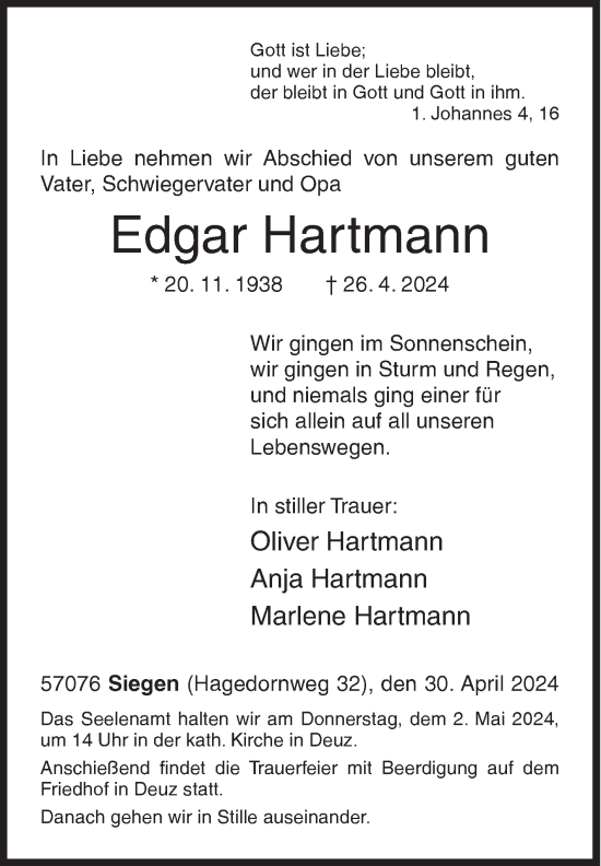 Traueranzeige von Edgar Hartmann von Siegener Zeitung