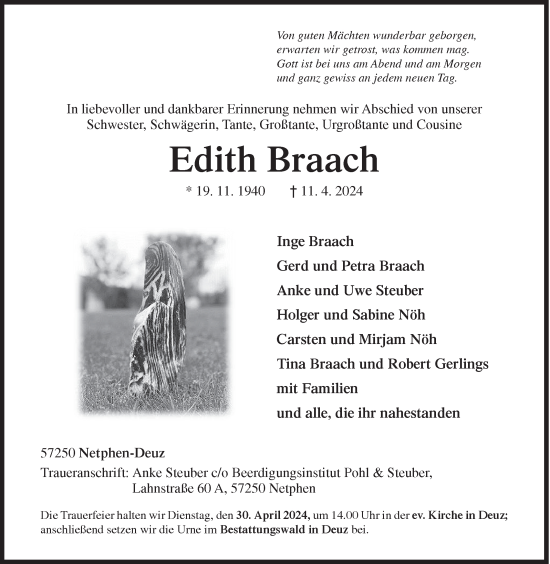 Traueranzeige von Edith Braach von Siegener Zeitung