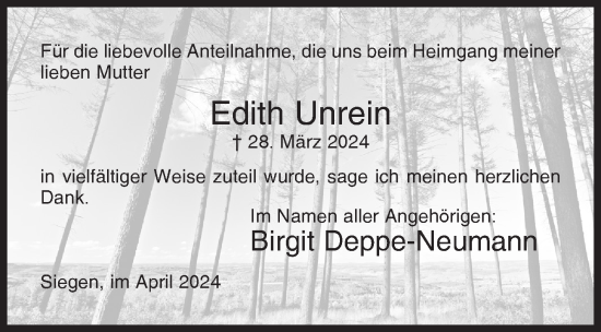 Traueranzeige von Edith Unrein von Siegener Zeitung