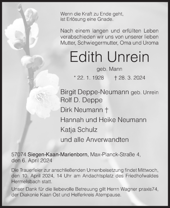 Traueranzeige von Edith Unrein von Siegener Zeitung