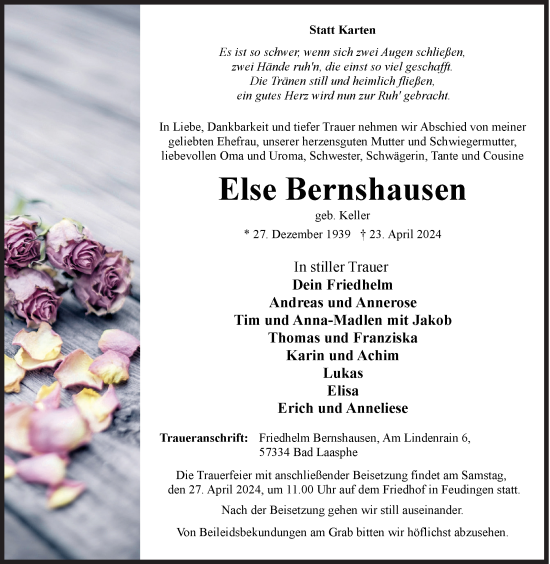 Traueranzeige von Else Bernshausen von Siegener Zeitung