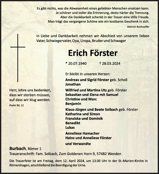 Traueranzeige von Erich Förster von Siegener Zeitung