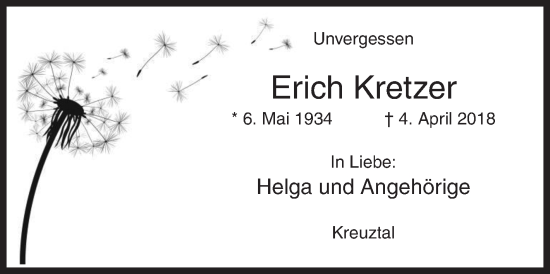 Traueranzeige von Erich Kretzer von Siegener Zeitung
