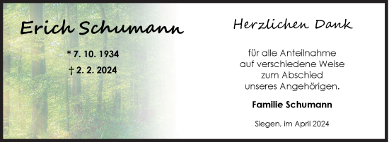 Traueranzeige von Erich Schumann von Siegener Zeitung