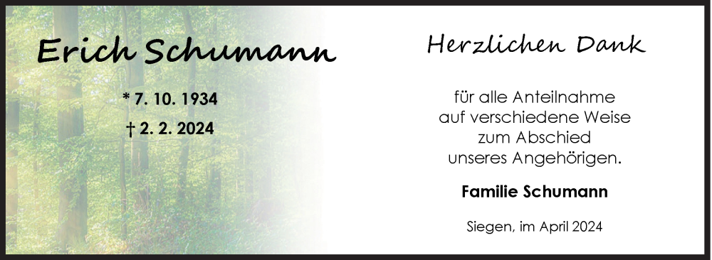  Traueranzeige für Erich Schumann vom 06.04.2024 aus Siegener Zeitung
