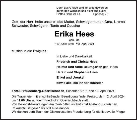 Traueranzeige von Erika Hees von Siegener Zeitung