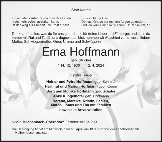 Traueranzeige von Erna Hoffmann von Siegener Zeitung