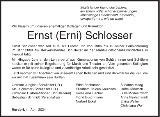 Traueranzeige von Ernst Schlosser von Siegener Zeitung