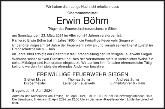 Traueranzeige von Erwin Böhm von Siegener Zeitung