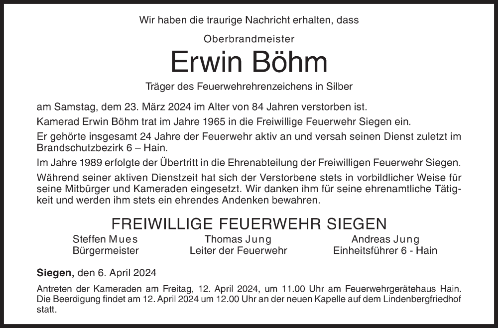  Traueranzeige für Erwin Böhm vom 06.04.2024 aus Siegener Zeitung