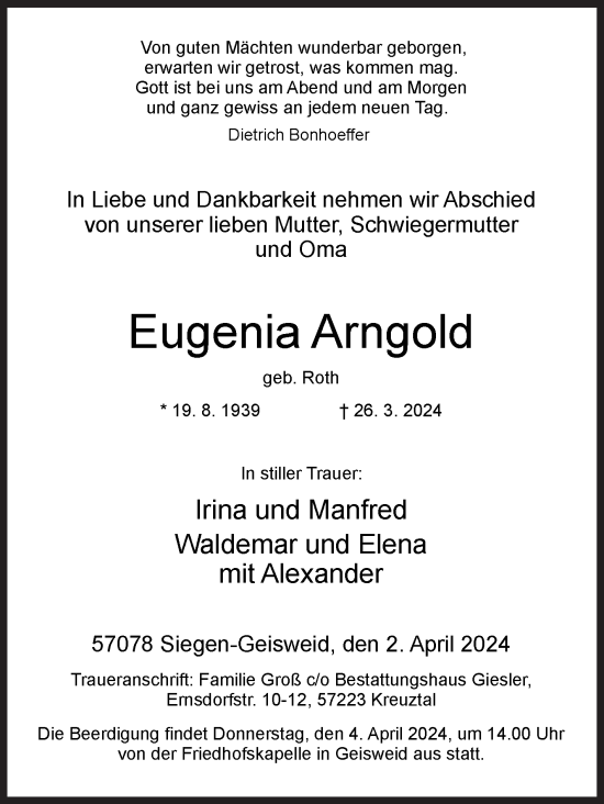 Traueranzeige von Eugenia Arngold von Siegener Zeitung