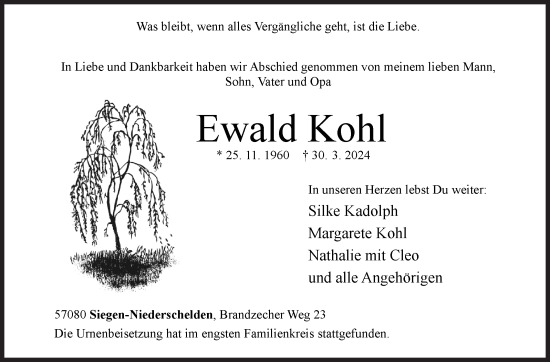 Traueranzeige von Ewald Kohl von Siegener Zeitung