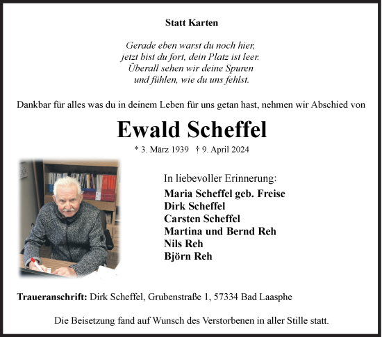 Traueranzeige von Ewald Scheffel von Siegener Zeitung