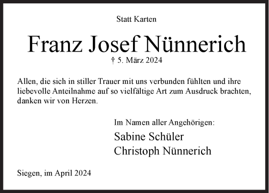 Traueranzeige von Franz Josef Nünnerich von Siegener Zeitung
