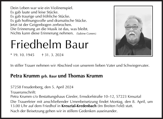 Traueranzeige von Friedhelm Baur von Siegener Zeitung