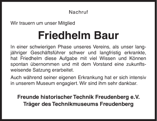 Traueranzeige von Friedhelm Baur von Siegener Zeitung