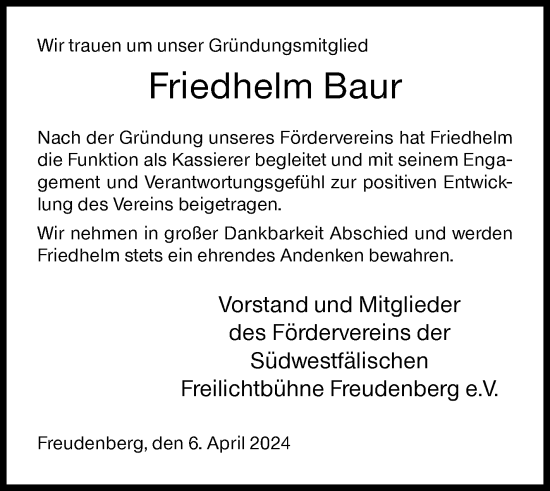Traueranzeige von Friedhelm Baur von Siegener Zeitung
