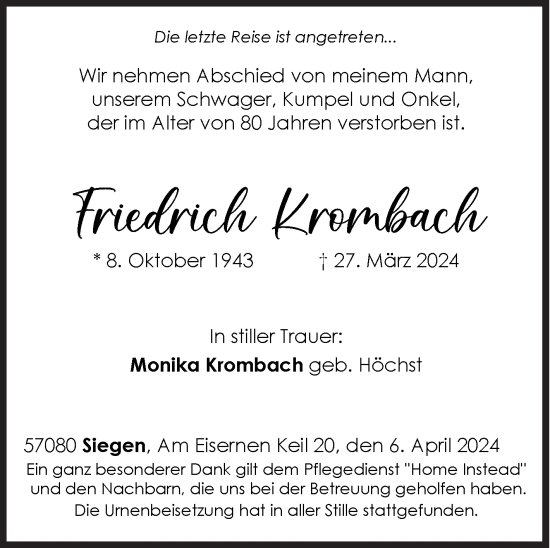 Traueranzeige von Friedrich Krombach von Siegener Zeitung