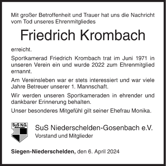 Traueranzeige von Friedrich Krombach von Siegener Zeitung