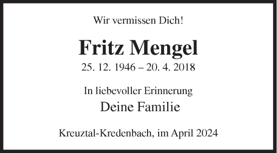 Traueranzeige von Fritz Mengel von Siegener Zeitung