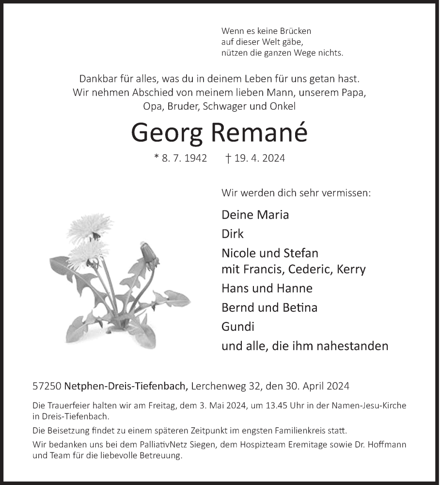  Traueranzeige für Georg Remané vom 30.04.2024 aus Siegener Zeitung