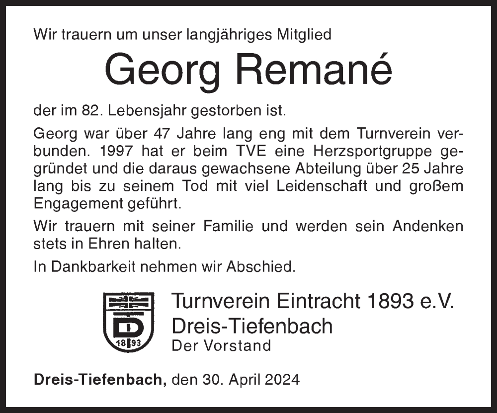  Traueranzeige für Georg Remané vom 30.04.2024 aus Siegener Zeitung