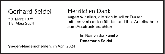 Traueranzeige von Gerhard Seidel von Siegener Zeitung