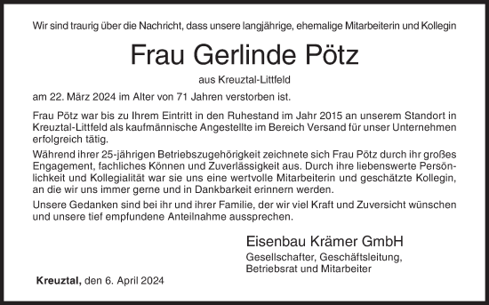 Traueranzeige von Gerlinde Pötz von Siegener Zeitung