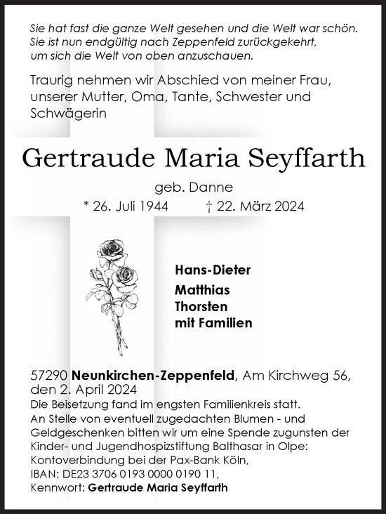 Traueranzeige von Gertraude Maria Seyffarth von Siegener Zeitung