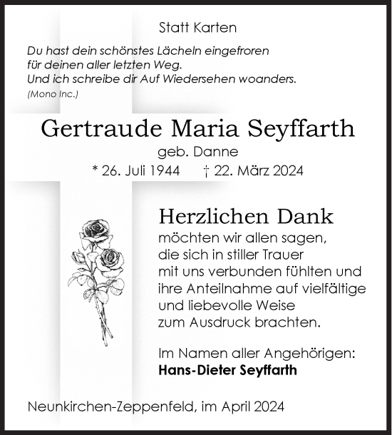 Traueranzeige von Gertraude Maria Seyffarth von Siegener Zeitung