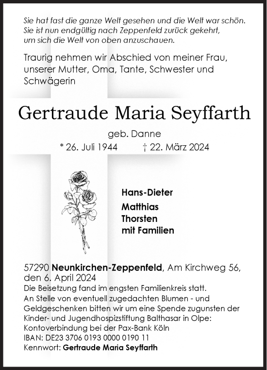 Traueranzeige von Gertraude Maria Seyffarth von Siegener Zeitung