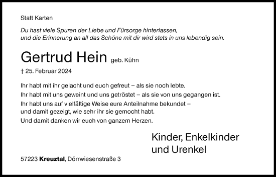 Traueranzeige von Gertrud Hein von Siegener Zeitung