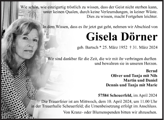 Traueranzeige von Gisela Dörner von Siegener Zeitung