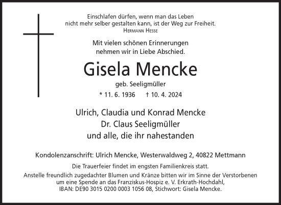 Traueranzeige von Gisela Mencke von Siegener Zeitung